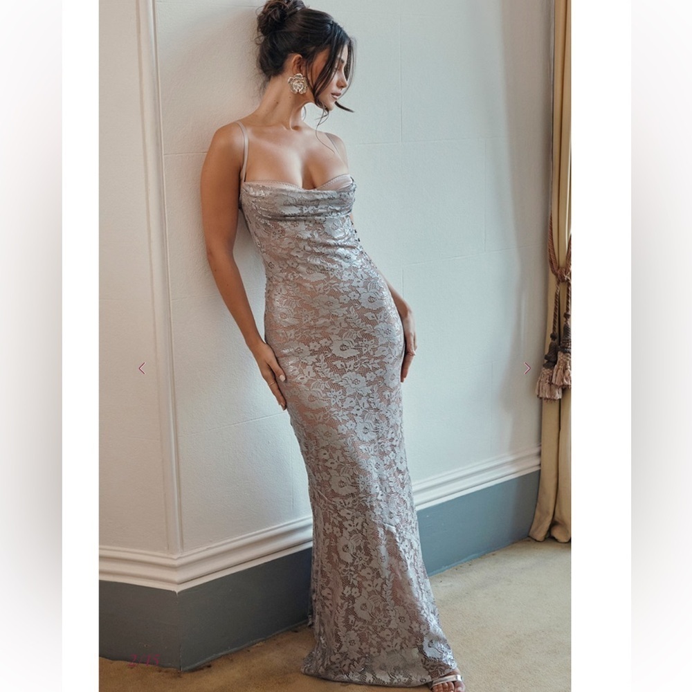 House of CB Azzurra ice blue lace godet gown